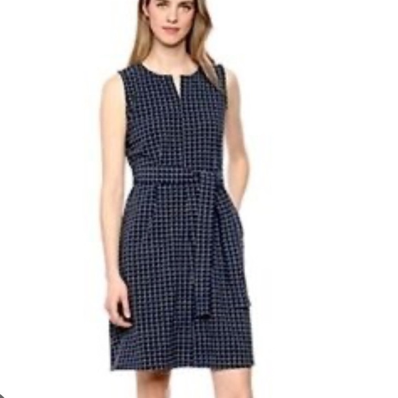 Lark & Ro Navy Blue White Checkered A-Line Pocket Dress 2 Sleeveless Belted - Picture 1 of 6
